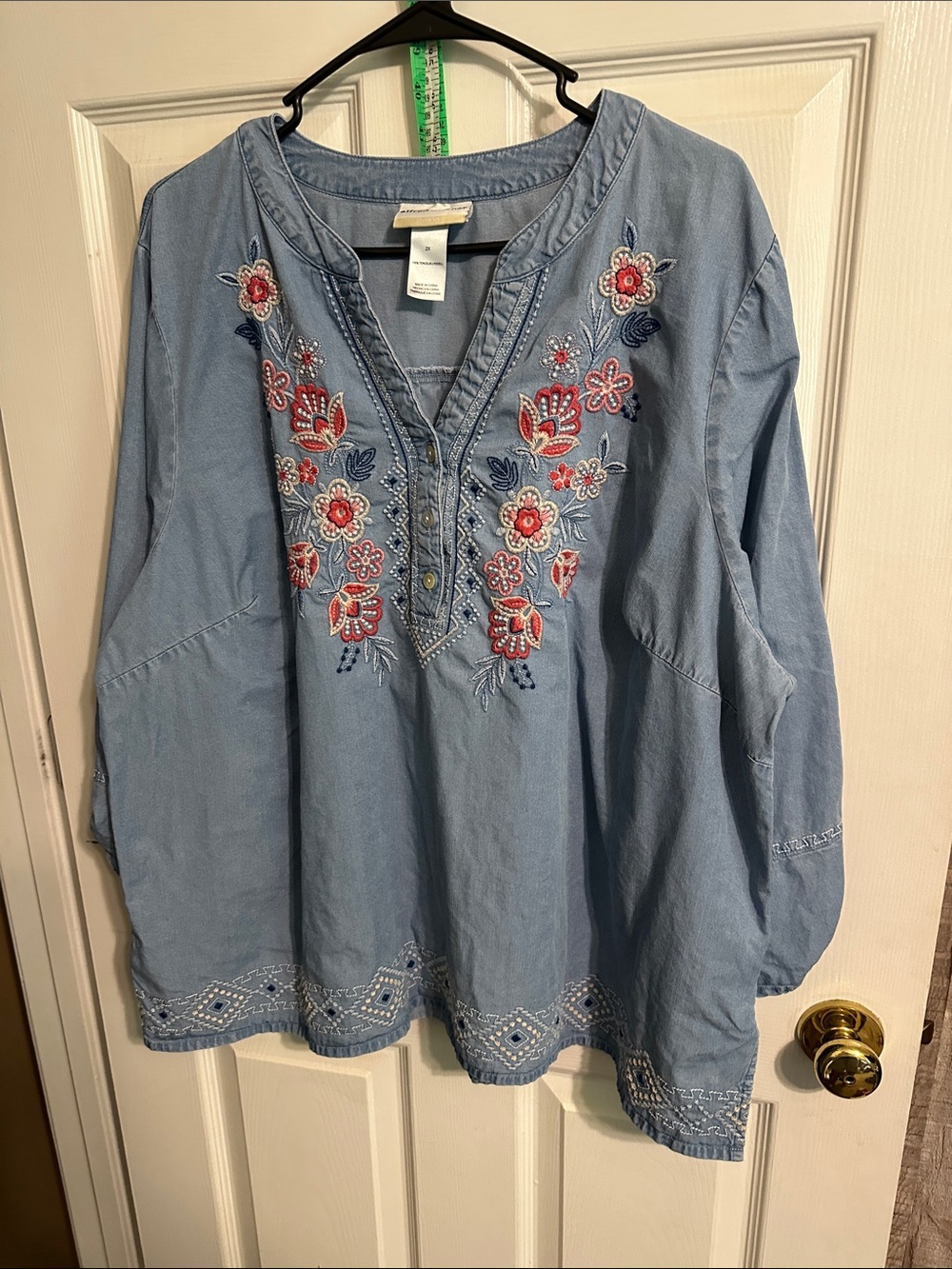 Alfred Dunner Light Blue Embroidered V-Neck Tunic